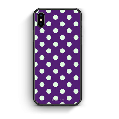 Θήκη iPhone Xs Max Mint Polka Dots on Purple από τη Smartfits με σχέδιο στο πίσω μέρος και μαύρο περίβλημα | iPhone Xs Max Mint Polka Dots on Purple case with colorful back and black bezels