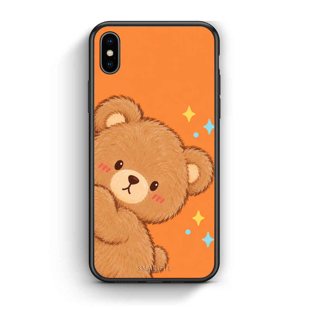 Θήκη iPhone Xs Max Peekaboo Teddy on Orange από τη Smartfits με σχέδιο στο πίσω μέρος και μαύρο περίβλημα | iPhone Xs Max Peekaboo Teddy on Orange case with colorful back and black bezels