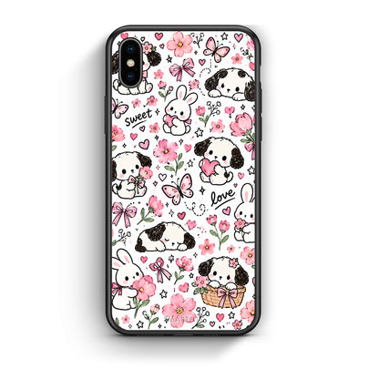 Θήκη iPhone Xs Max Pink Florals Puppies and Bunnies on White από τη Smartfits με σχέδιο στο πίσω μέρος και μαύρο περίβλημα | iPhone Xs Max Pink Florals Puppies and Bunnies on White case with colorful back and black bezels