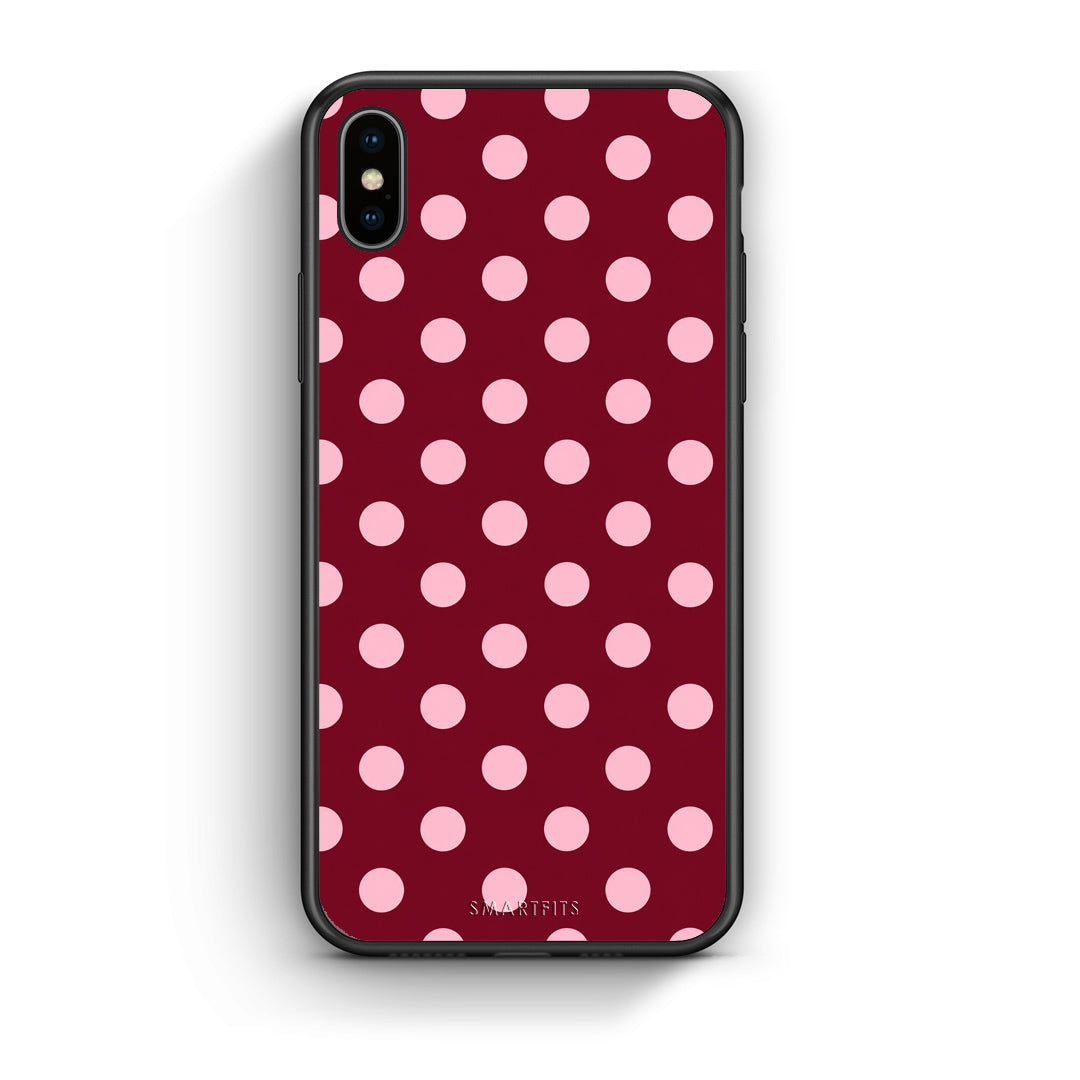 Θήκη iPhone Xs Max Pink Polka Dots on Burgundy από τη Smartfits με σχέδιο στο πίσω μέρος και μαύρο περίβλημα | iPhone Xs Max Pink Polka Dots on Burgundy case with colorful back and black bezels