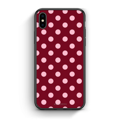 Θήκη iPhone Xs Max Pink Polka Dots on Burgundy από τη Smartfits με σχέδιο στο πίσω μέρος και μαύρο περίβλημα | iPhone Xs Max Pink Polka Dots on Burgundy case with colorful back and black bezels