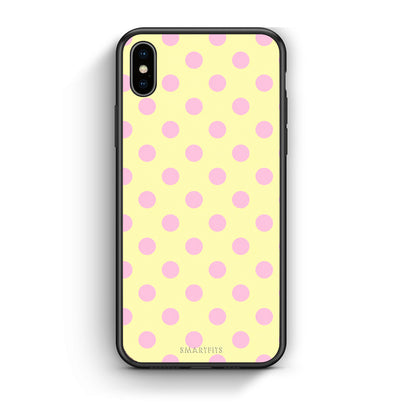 Θήκη iPhone Xs Max Pink Polka Dots on Yellow από τη Smartfits με σχέδιο στο πίσω μέρος και μαύρο περίβλημα | iPhone Xs Max Pink Polka Dots on Yellow case with colorful back and black bezels