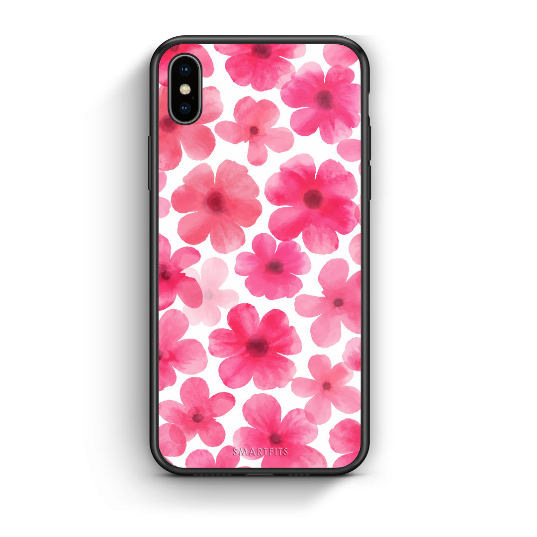 Θήκη iPhone Xs Max Pink Watercolour Flowers on White από τη Smartfits με σχέδιο στο πίσω μέρος και μαύρο περίβλημα | iPhone Xs Max Pink Watercolour Flowers on White case with colorful back and black bezels