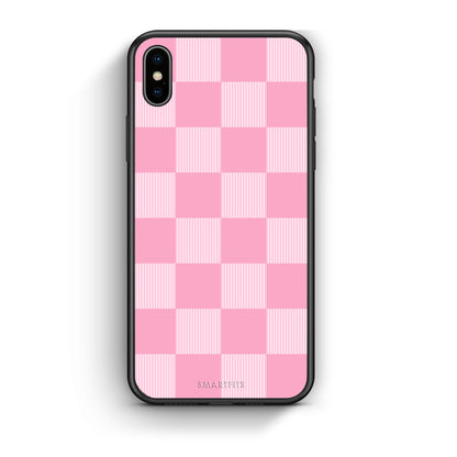 Θήκη iPhone Xs Max Pink and White Striped Checks από τη Smartfits με σχέδιο στο πίσω μέρος και μαύρο περίβλημα | iPhone Xs Max Pink and White Striped Checks case with colorful back and black bezels
