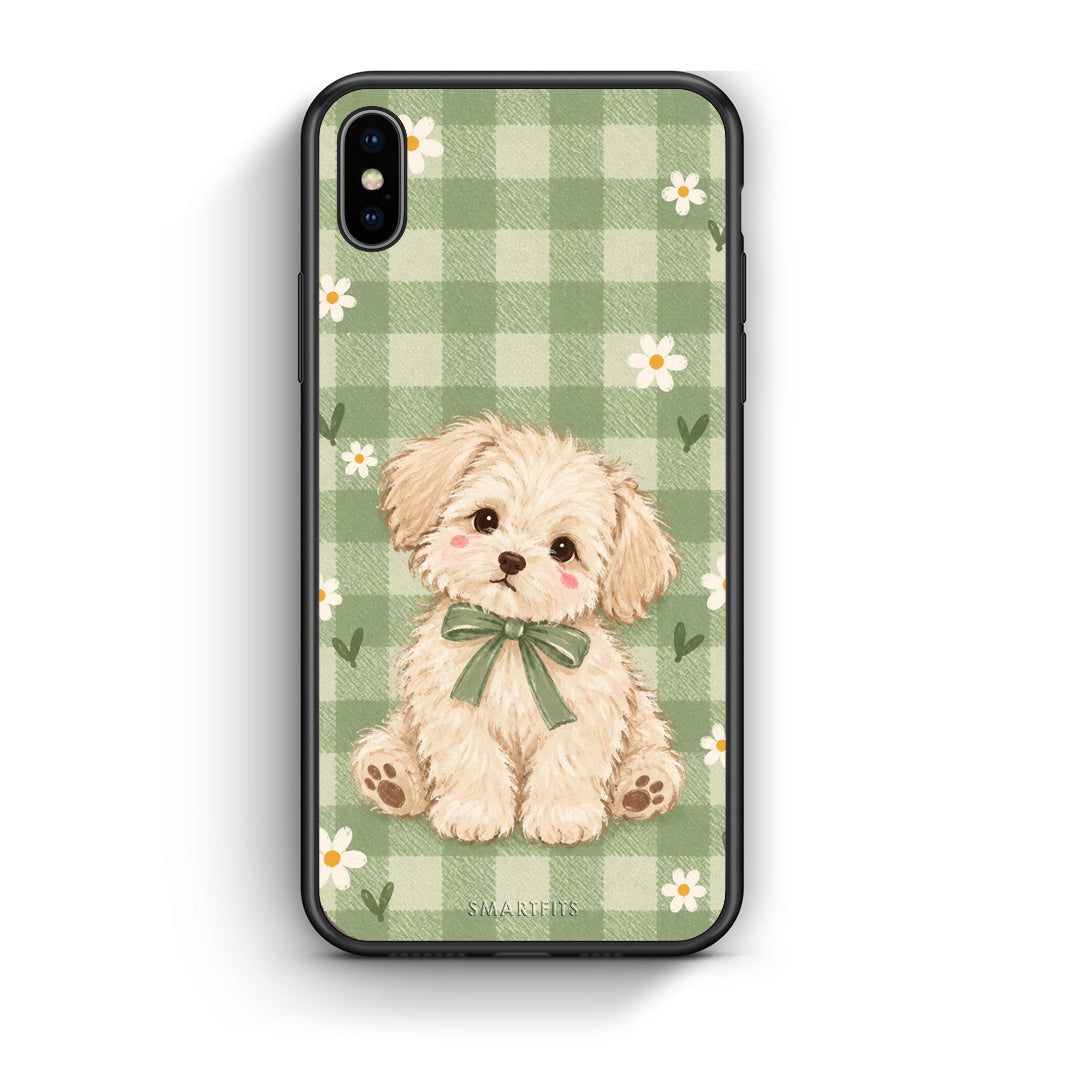 Θήκη iPhone Xs Max Puppy and Daisies on Sage Gingham από τη Smartfits με σχέδιο στο πίσω μέρος και μαύρο περίβλημα | iPhone Xs Max Puppy and Daisies on Sage Gingham case with colorful back and black bezels