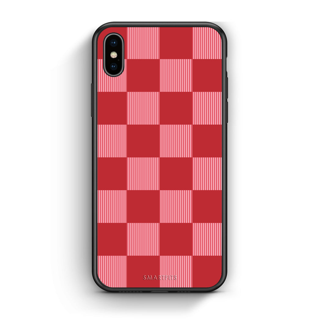 Θήκη iPhone Xs Max Red and Pink Striped Checks από τη Smartfits με σχέδιο στο πίσω μέρος και μαύρο περίβλημα | iPhone Xs Max Red and Pink Striped Checks case with colorful back and black bezels