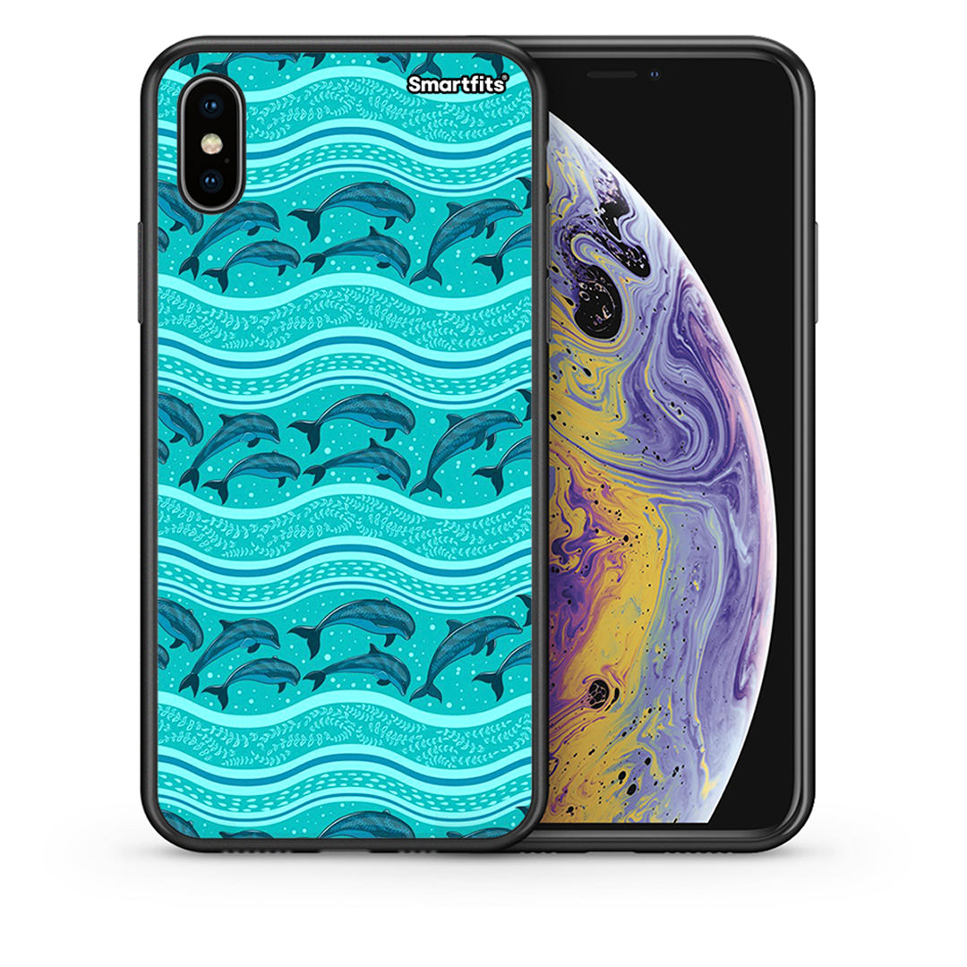 Θήκη iPhone Xs Max Swimming Dolphins από τη Smartfits με σχέδιο στο πίσω μέρος και μαύρο περίβλημα | iPhone Xs Max Swimming Dolphins case with colorful back and black bezels