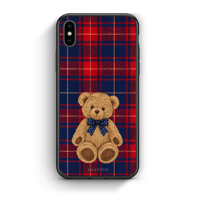 Θήκη iPhone Xs Max Teddy Bear on Red and Navy Tartan από τη Smartfits με σχέδιο στο πίσω μέρος και μαύρο περίβλημα | iPhone Xs Max Teddy Bear on Red and Navy Tartan case with colorful back and black bezels