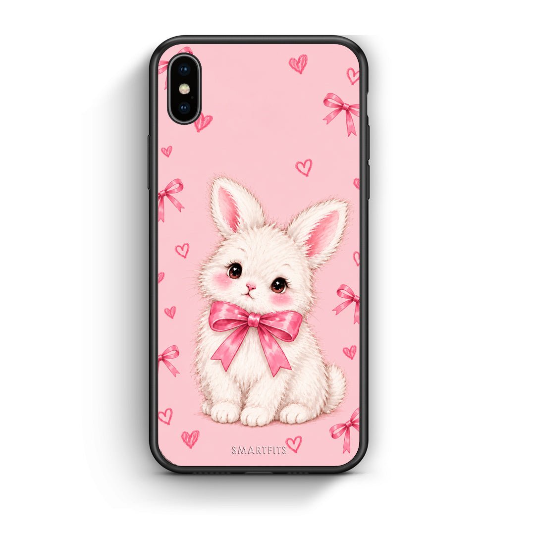 Θήκη iPhone Xs Max White Bunny and Pink Bows από τη Smartfits με σχέδιο στο πίσω μέρος και μαύρο περίβλημα | iPhone Xs Max White Bunny and Pink Bows case with colorful back and black bezels