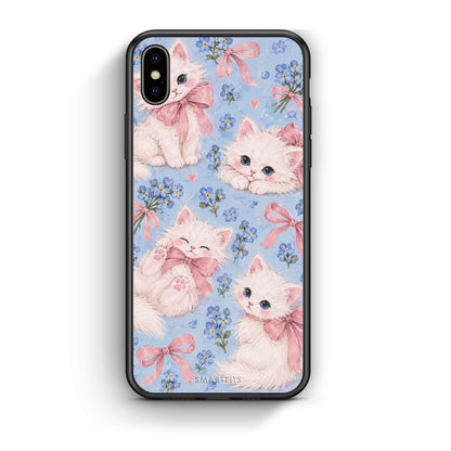 Θήκη iPhone Xs Max White Kittens and Blue Flowers Large από τη Smartfits με σχέδιο στο πίσω μέρος και μαύρο περίβλημα | iPhone Xs Max White Kittens and Blue Flowers Large case with colorful back and black bezels