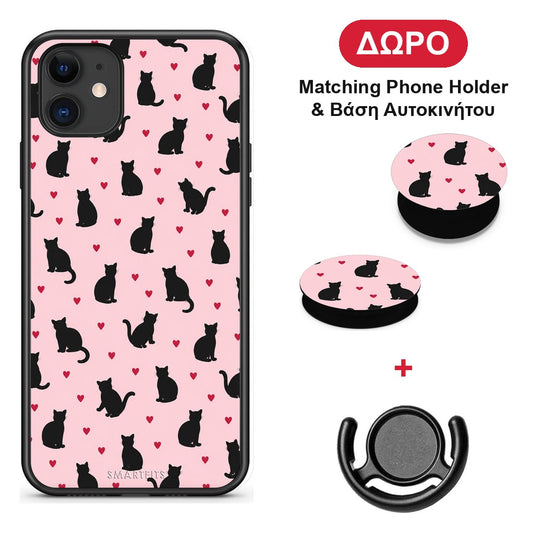 Black Cat Silhouettes and Hearts on Pink - iPhone 11 θήκη + Δώρο Phone Holder & Βάση Αυτοκινήτου