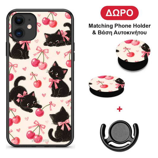 Black Kittens and Cherries on Cream - iPhone 11 θήκη + Δώρο Phone Holder & Βάση Αυτοκινήτου