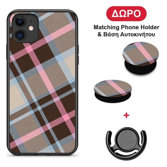 Brown Pink and Blue Diagonal Plaid - iPhone 11 θήκη + Δώρο Phone Holder & Βάση Αυτοκινήτου