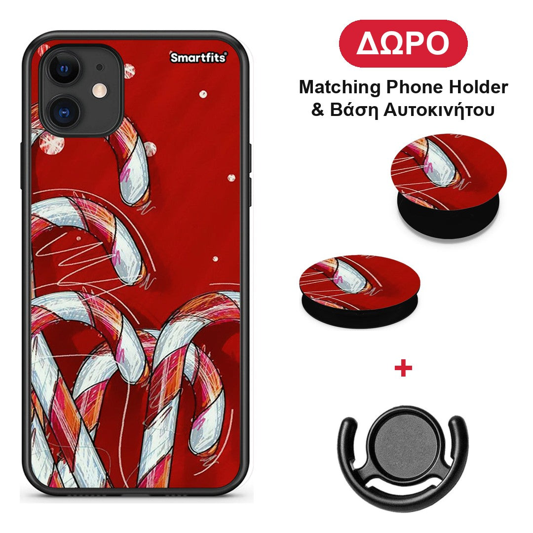 Candy Cane - iPhone 11 θήκη + Δώρο Phone Holder & Βάση Αυτοκινήτου