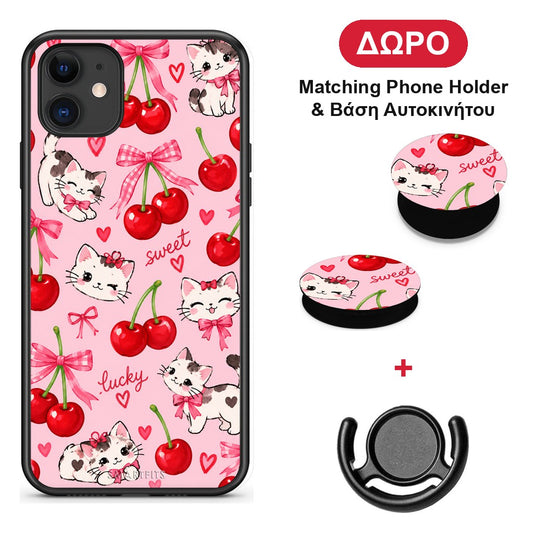Cherries Bows and Kittens on Pink - iPhone 11 θήκη + Δώρο Phone Holder & Βάση Αυτοκινήτου