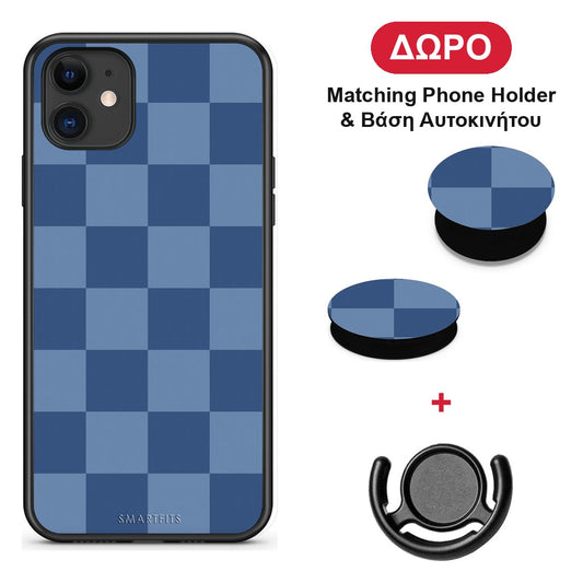 Denim Blue Checkerboard - iPhone 11 θήκη + Δώρο Phone Holder & Βάση Αυτοκινήτου