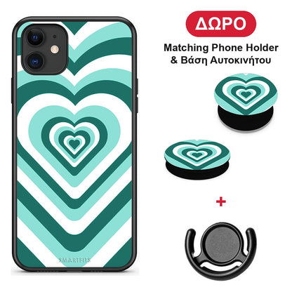 Green Hearts - iPhone 11 θήκη + Δώρο Phone Holder & Βάση Αυτοκινήτου