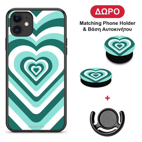 Green Hearts - iPhone 11 θήκη + Δώρο Phone Holder & Βάση Αυτοκινήτου