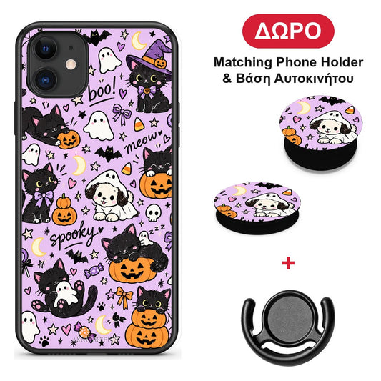 Halloween Black Cats on Lilac - iPhone 11 θήκη + Δώρο Phone Holder & Βάση Αυτοκινήτου