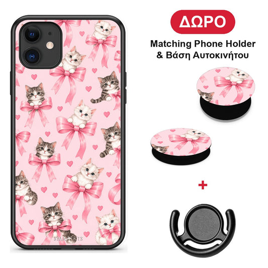 Kittens and Pink Bows on Pink - iPhone 11 θήκη + Δώρο Phone Holder & Βάση Αυτοκινήτου