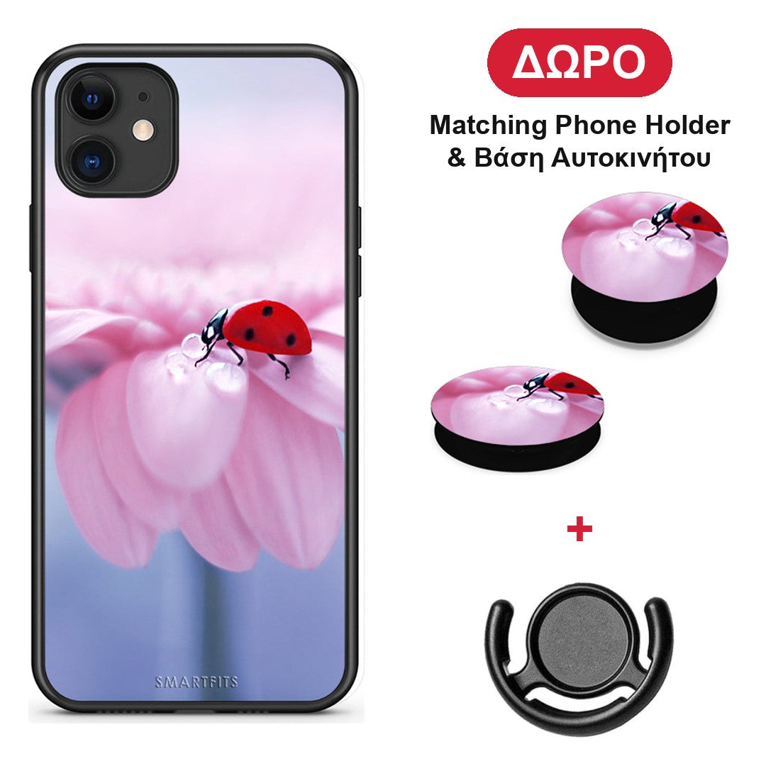 Ladybug Flower - iPhone 11 θήκη + Δώρο Phone Holder & Βάση Αυτοκινήτου