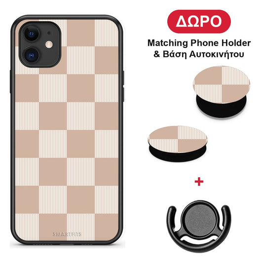 Latte and Cream Striped Checks - iPhone 11 θήκη + Δώρο Phone Holder & Βάση Αυτοκινήτου