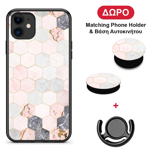 Marble Hexagon Pink - iPhone 11 θήκη + Δώρο Phone Holder & Βάση Αυτοκινήτου