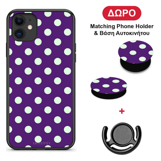 Mint Polka Dots on Purple - iPhone 11 θήκη + Δώρο Phone Holder & Βάση Αυτοκινήτου