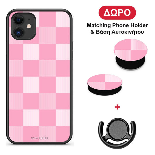 Pink and White Striped Checks - iPhone 11 θήκη + Δώρο Phone Holder & Βάση Αυτοκινήτου
