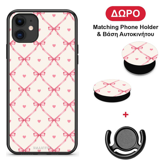 Pink Bow Lattice and Hearts on Cream - iPhone 11 θήκη + Δώρο Phone Holder & Βάση Αυτοκινήτου