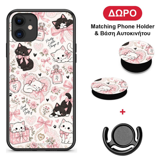 Pink Bows and Kittens Collage - iPhone 11 θήκη + Δώρο Phone Holder & Βάση Αυτοκινήτου