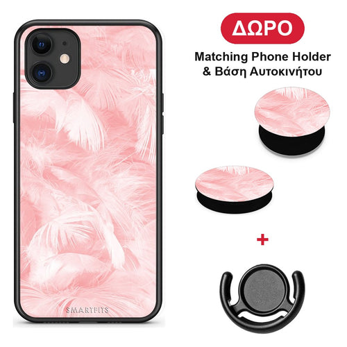 Boho Pink Feather - iPhone 11 θήκη + Δώρο Phone Holder & Βάση Αυτοκινήτου