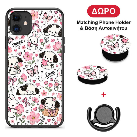 Pink Florals Puppies and Bunnies on White - iPhone 11 θήκη + Δώρο Phone Holder & Βάση Αυτοκινήτου