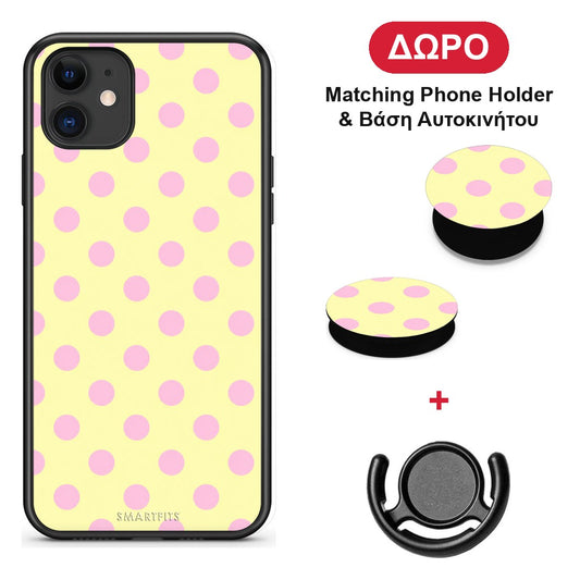 Pink Polka Dots on Yellow - iPhone 11 θήκη + Δώρο Phone Holder & Βάση Αυτοκινήτου