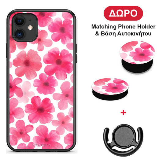 Pink Watercolour Flowers on White - iPhone 11 θήκη + Δώρο Phone Holder & Βάση Αυτοκινήτου