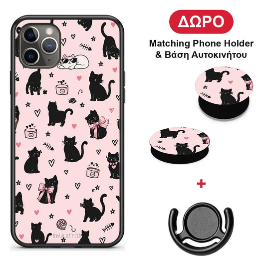 Black Cat Doodles on Pink - iPhone 11 Pro θήκη + Δώρο Phone Holder & Βάση Αυτοκινήτου