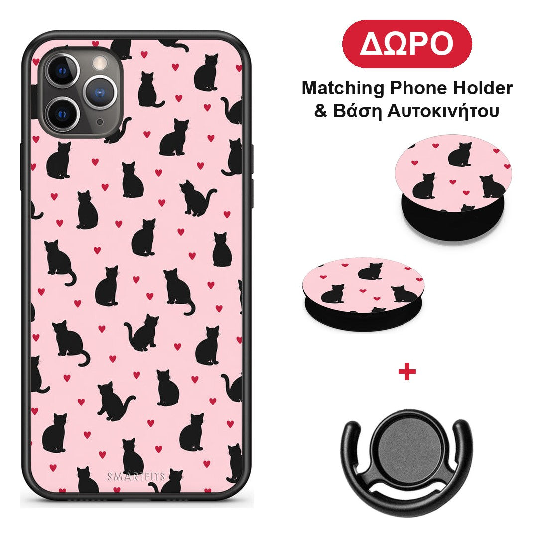 Black Cat Silhouettes and Hearts on Pink - iPhone 11 Pro θήκη + Δώρο Phone Holder & Βάση Αυτοκινήτου