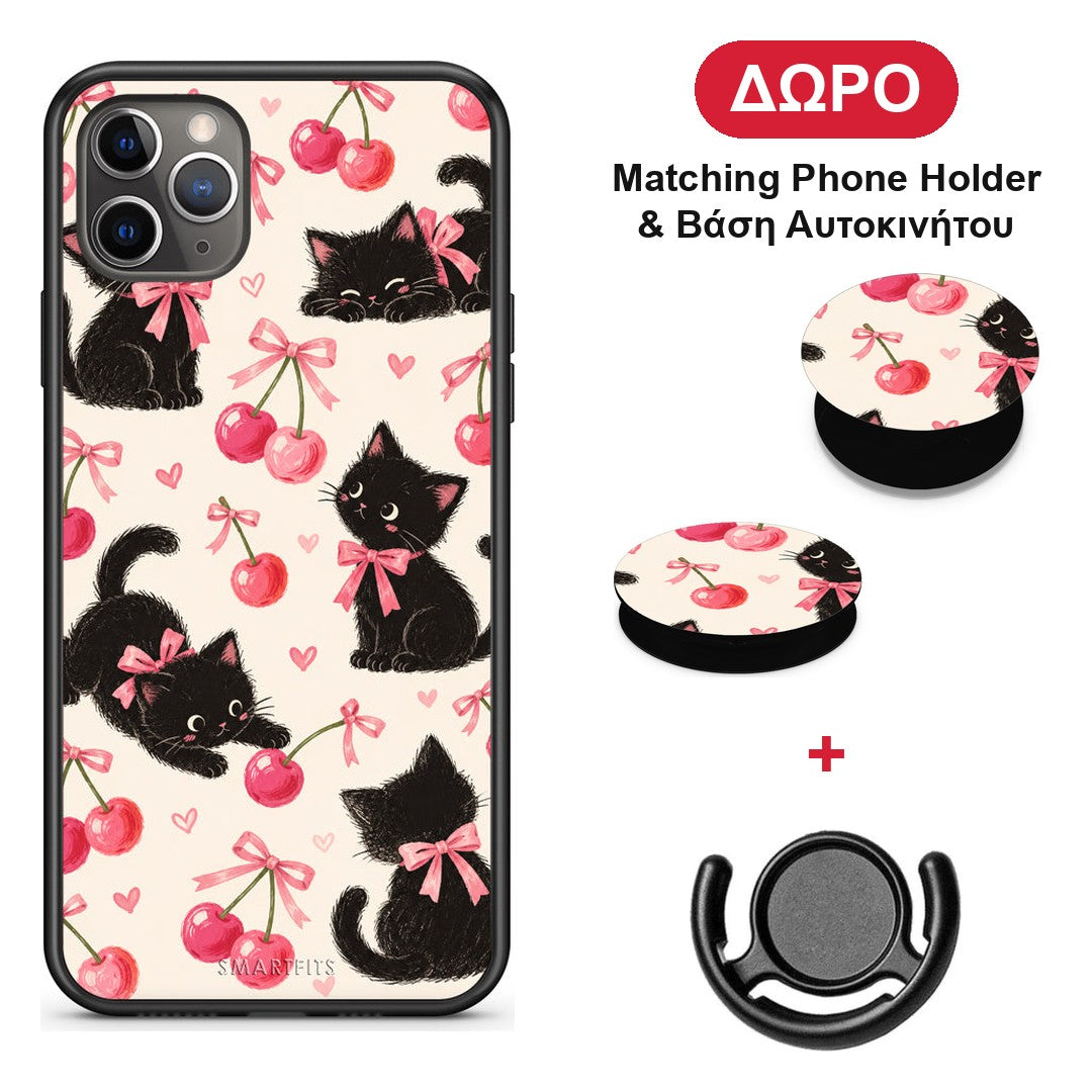Black Kittens and Cherries on Cream - iPhone 11 Pro θήκη + Δώρο Phone Holder & Βάση Αυτοκινήτου