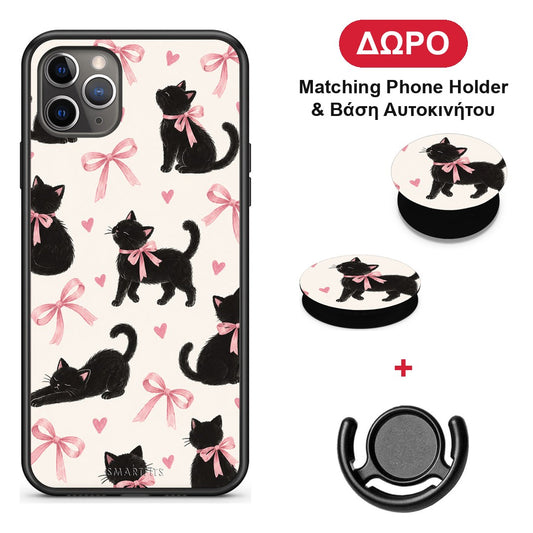 Black Kittens and Pink Bows on Cream Large - iPhone 11 Pro θήκη + Δώρο Phone Holder & Βάση Αυτοκινήτου
