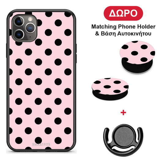 Black Polka Dots on Pink - iPhone 11 Pro θήκη + Δώρο Phone Holder & Βάση Αυτοκινήτου