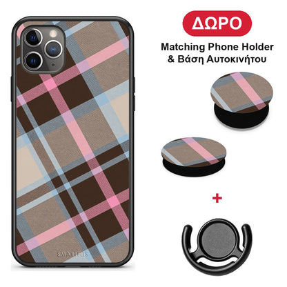 Brown Pink and Blue Diagonal Plaid - iPhone 11 Pro θήκη + Δώρο Phone Holder & Βάση Αυτοκινήτου