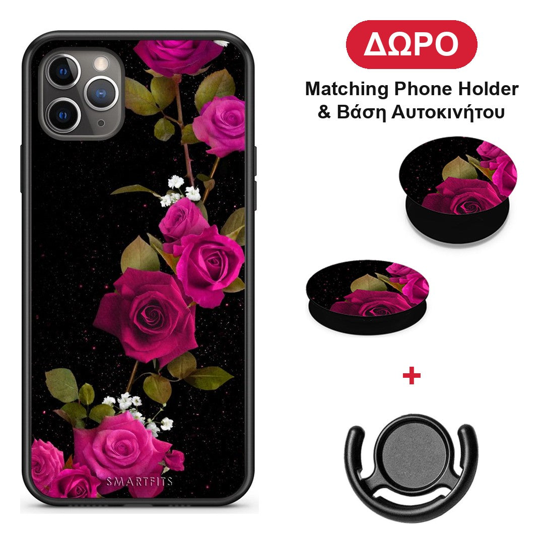 Flower Red Roses - iPhone 11 Pro θήκη + Δώρο Phone Holder & Βάση Αυτοκινήτου