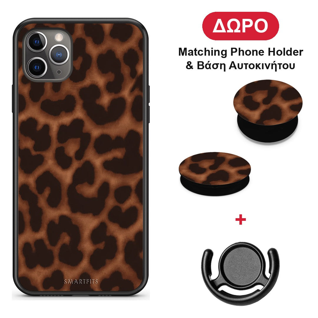 Leopard Print Dark Brown - iPhone 11 Pro θήκη + Δώρο Phone Holder & Βάση Αυτοκινήτου