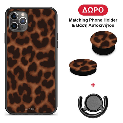 Leopard Print Dark Brown - iPhone 11 Pro θήκη + Δώρο Phone Holder & Βάση Αυτοκινήτου