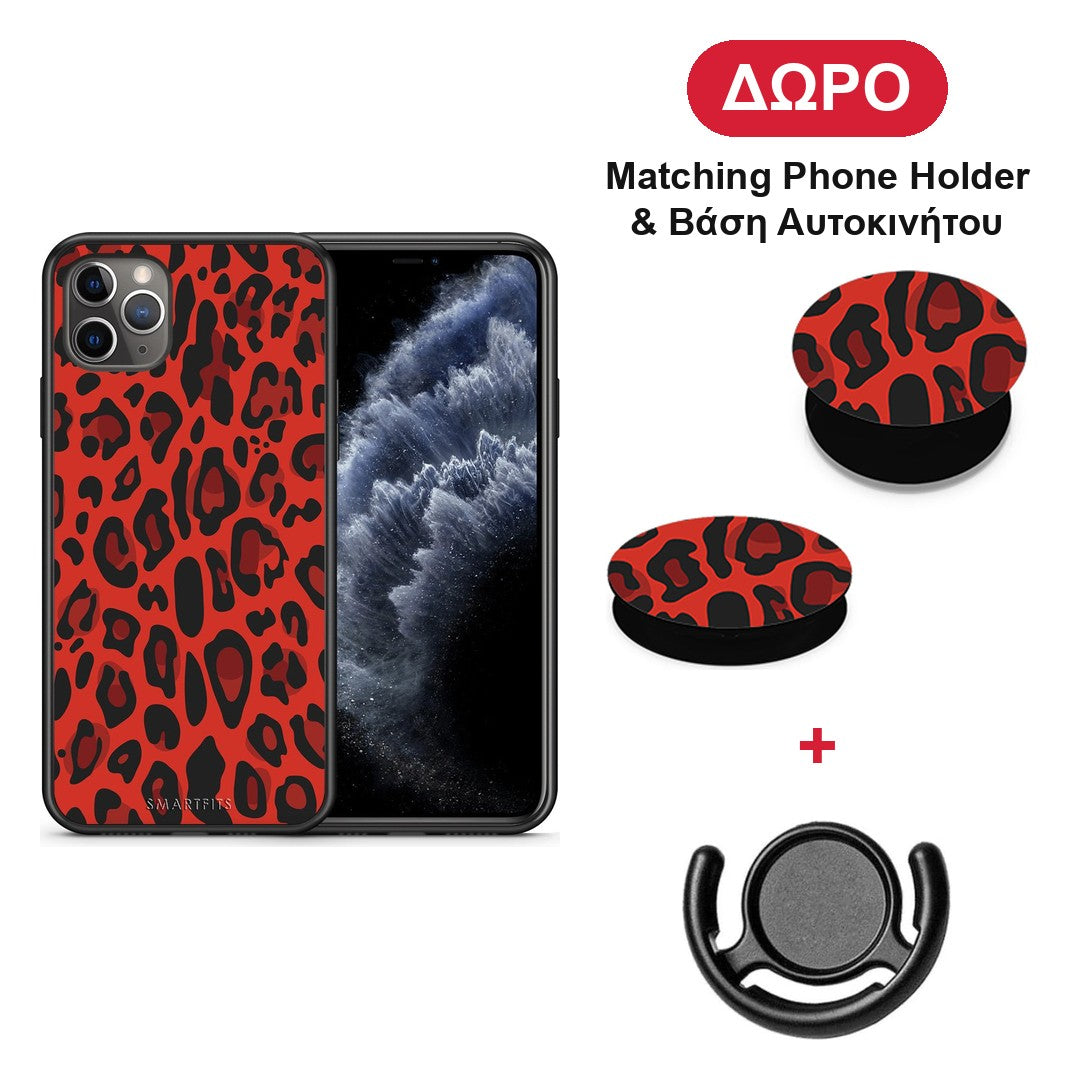 Animal Red Leopard - iPhone 11 Pro Max θήκη + Δώρο Phone Holder & Βάση Αυτοκινήτου