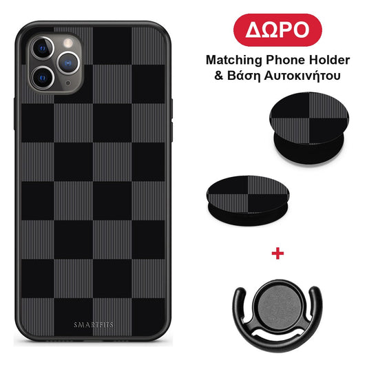 Black and Charcoal Striped Checks - iPhone 11 Pro Max θήκη + Δώρο Phone Holder & Βάση Αυτοκινήτου