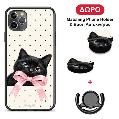 Black Kitten Pink Bow and Polka Dots - iPhone 11 Pro Max θήκη + Δώρο Phone Holder & Βάση Αυτοκινήτου