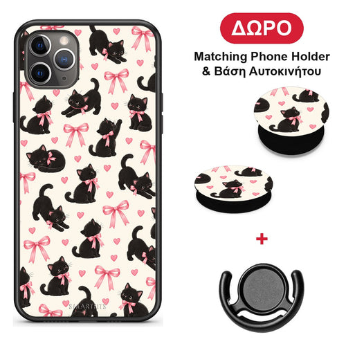 Black Kittens and Pink Bows on Cream Small - iPhone 11 Pro Max θήκη + Δώρο Phone Holder & Βάση Αυτοκινήτου