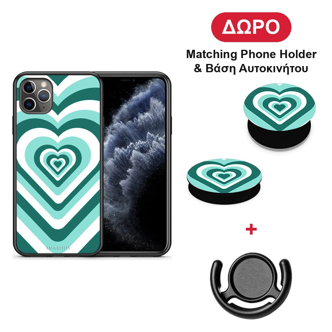 Green Hearts - iPhone 11 Pro Max θήκη + Δώρο Phone Holder & Βάση Αυτοκινήτου