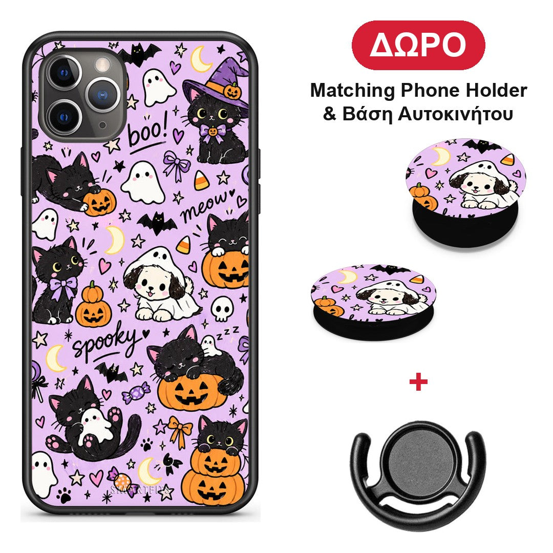 Halloween Black Cats on Lilac - iPhone 11 Pro Max θήκη + Δώρο Phone Holder & Βάση Αυτοκινήτου